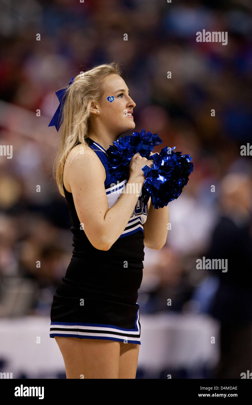 March 15, 2013 - Greensboro, North Carolina, United States of America - March 15, 2013: Duke cheerleader on the court during the Maryland vs Duke game at the 2013 ACC men's basketball tournament in Greensboro, NC at the Greensboro Coliseum on March 15, 2013. Duke defeated Maryland 83-74. Stock Photo