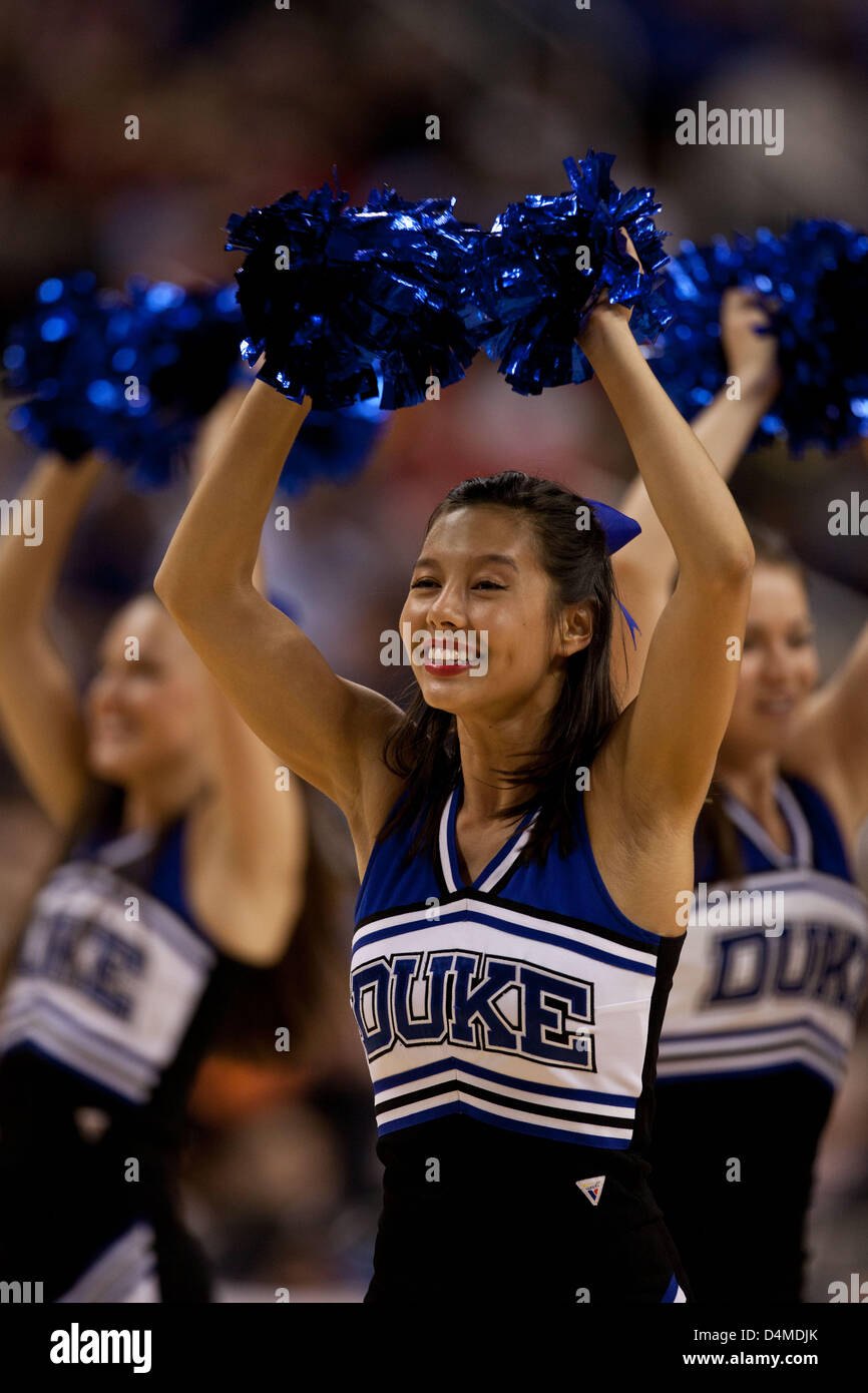 March 15, 2013 - Greensboro, North Carolina, United States of America - March 15, 2013: Duke cheerleaders on the court during the Maryland vs Duke game at the 2013 ACC men's basketball tournament in Greensboro, NC at the Greensboro Coliseum on March 15, 2013. Duke defeated Maryland 83-74. Stock Photo