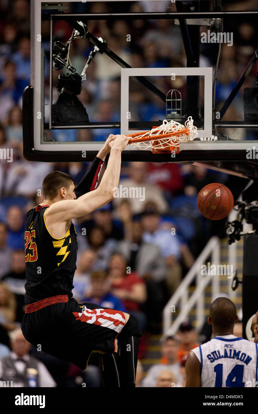 March 15, 2013 - Greensboro, North Carolina, United States of America - March 15, 2013: Maryland Center Alex Len (25) dunks during the Maryland vs Duke game at the 2013 ACC men's basketball tournament in Greensboro, NC at the Greensboro Coliseum on March 15, 2013. Duke defeated Maryland 83-74. Stock Photo