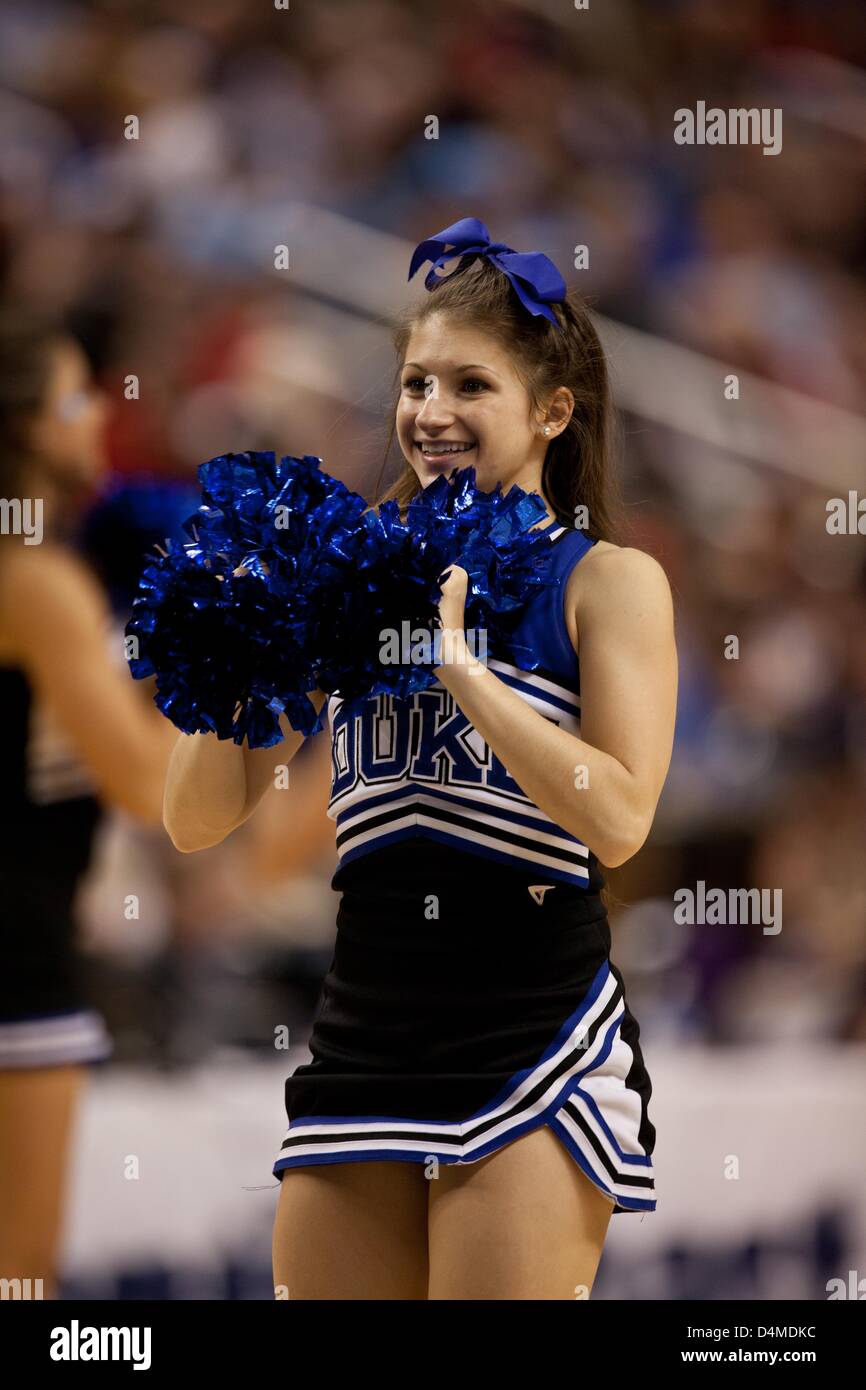 March 15, 2013 - Greensboro, North Carolina, United States of America - March 15, 2013: Duke cheerleader on the court during the Maryland vs Duke game at the 2013 ACC men's basketball tournament in Greensboro, NC at the Greensboro Coliseum on March 15, 2013. Duke defeated Maryland 83-74. Stock Photo