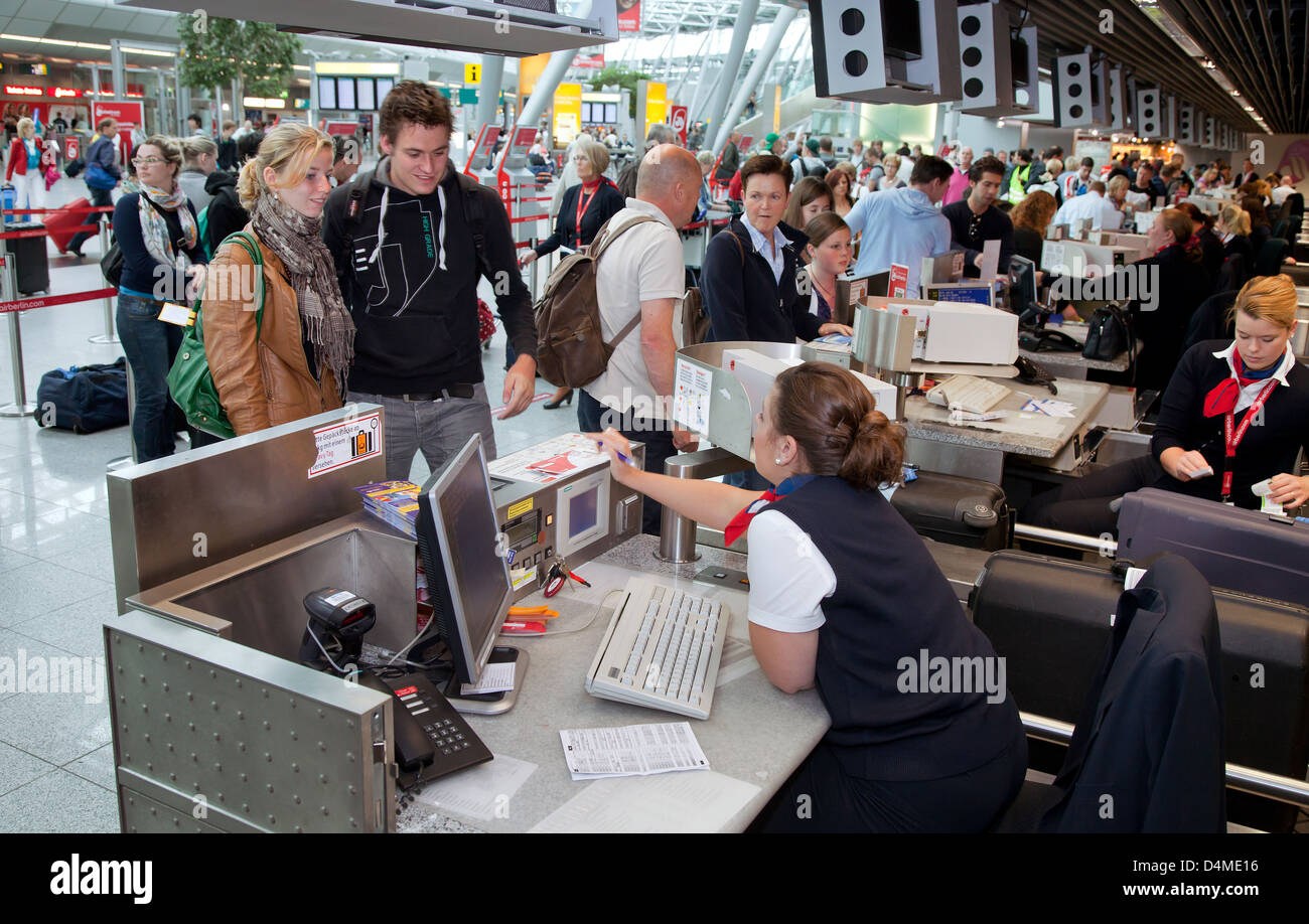 Duesseldorf, Germany, airberlin passengers at check-in desk at the airport Duesseldorf International Stock Photo