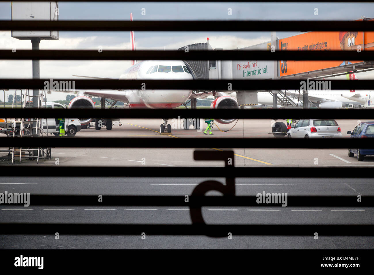 Duesseldorf, Germany, looking through a roller door on an airplane Stock Photo