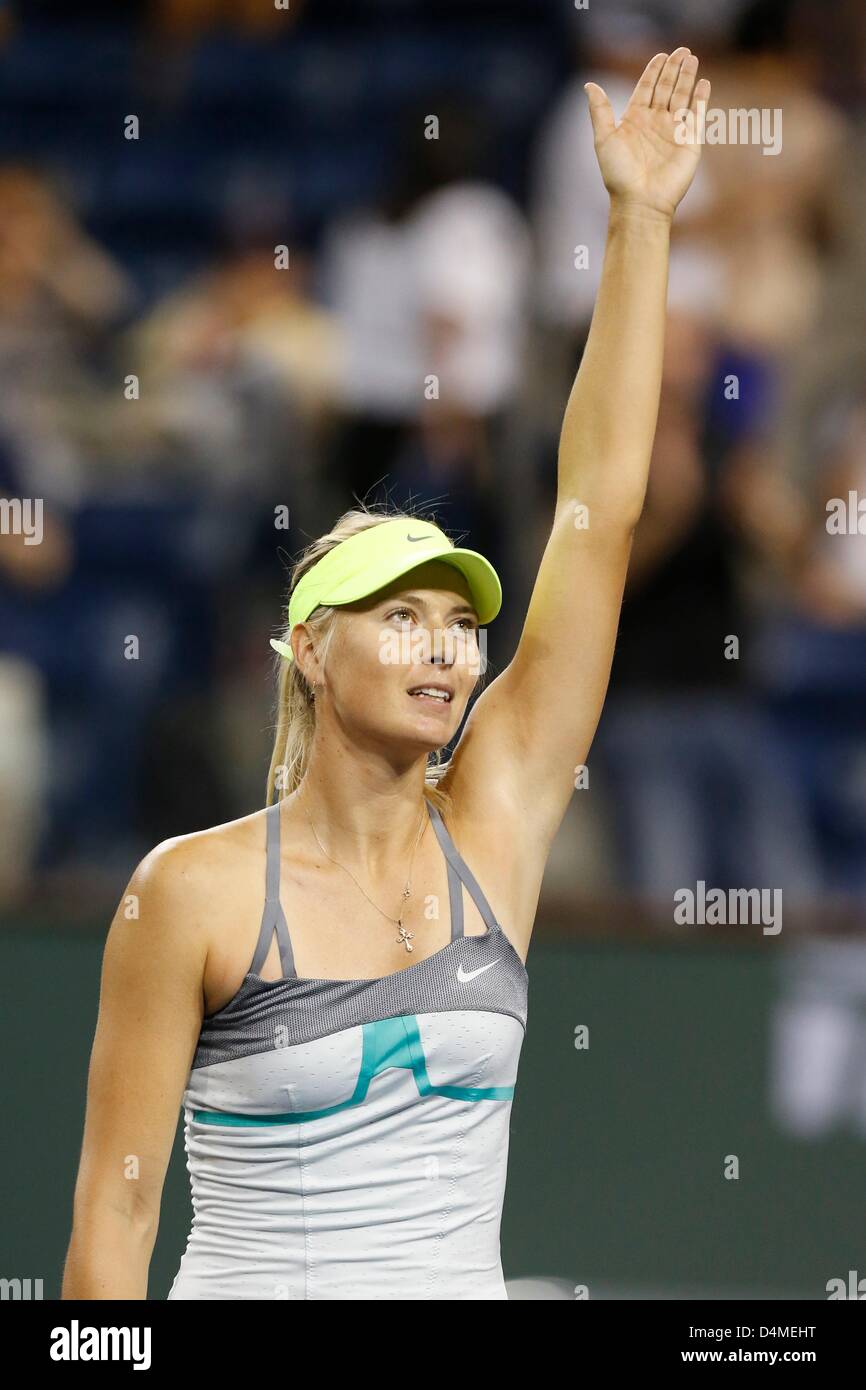 15 March, 2013: Maria Sharapova of Russia reacts to winning her match against Maria Kirilenko of Russia during the BNP Paribas Open at Indian Wells Tennis Garden in Indian Wells, California Stock Photo