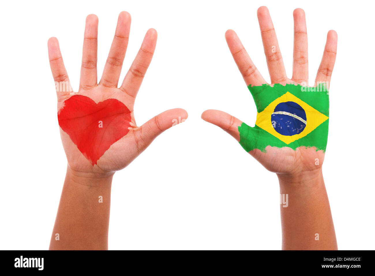 Brazilian hands with a painted heart and brazilian flag, i love brazil concept, isolated on white background Stock Photo