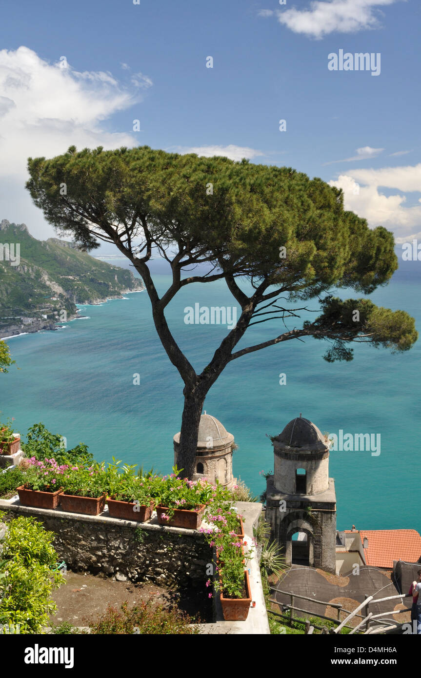 View from the gardens at the Villa Rufolo, Ravello, Italy, towards Minori and eastwards along the Amalfi coast. Stock Photo