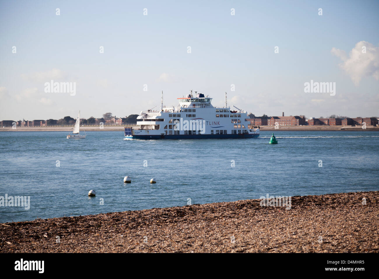 A Wightlink car ferry, St. Clare, in the Solent heading out of Portsmouth Harbour to Fishbourne on the Isle of Wight Stock Photo