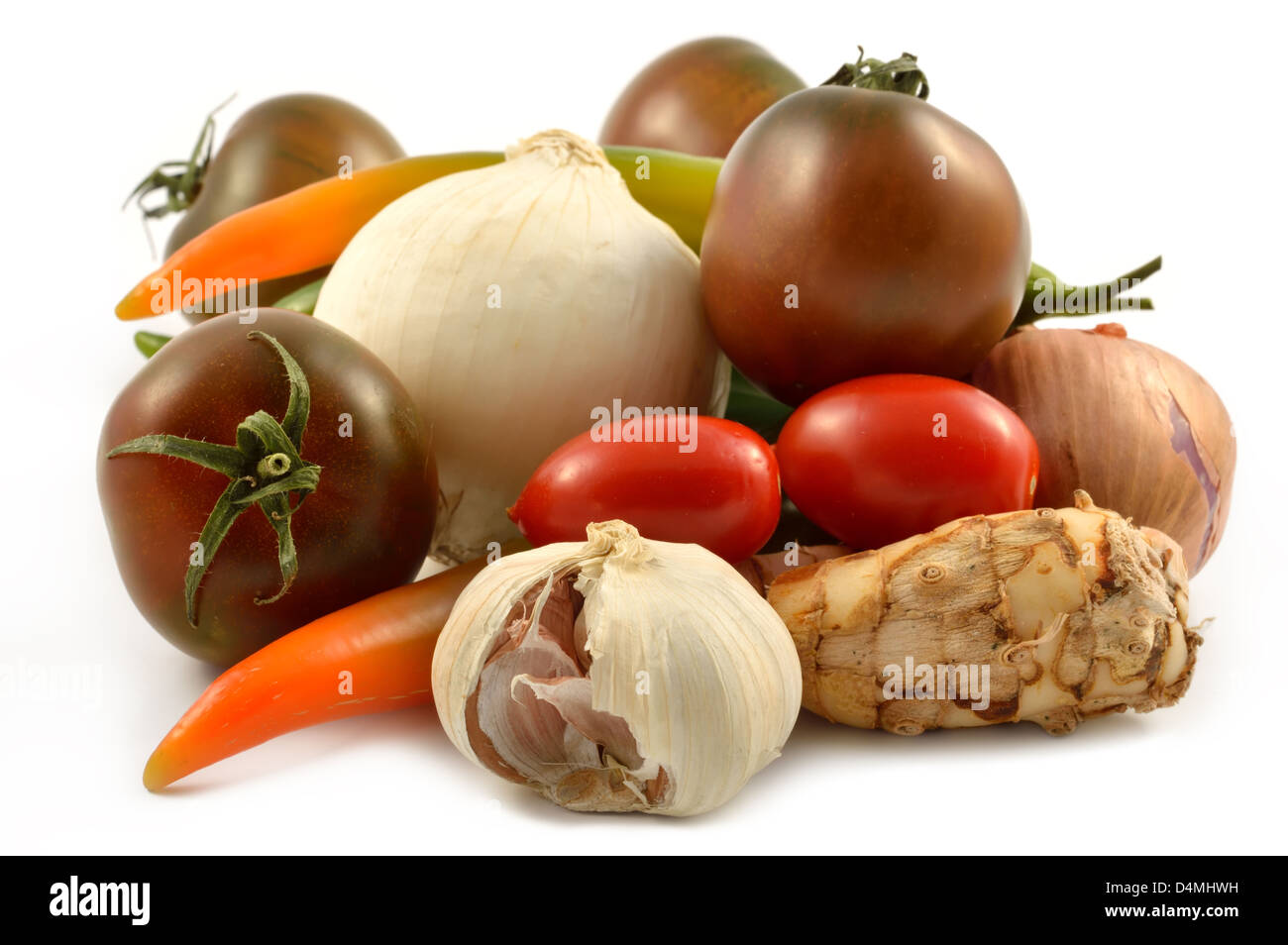 Vegetables and spices on a white background close-up Stock Photo