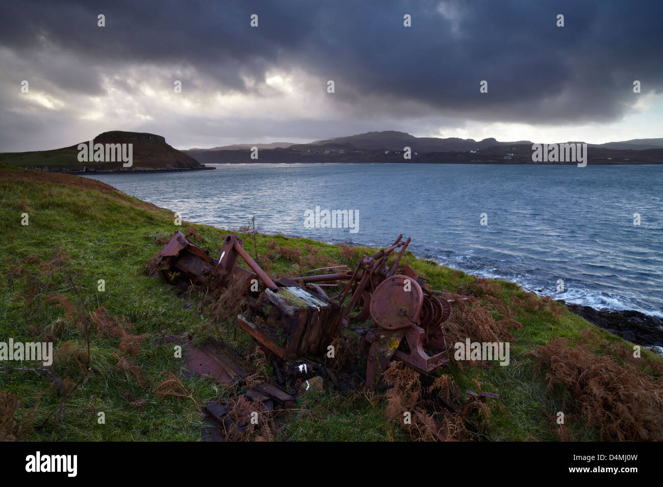 Storm clouds over Gesto Bay and the entrance to Loch Harport, Isle of Skye, Scotland Stock Photo