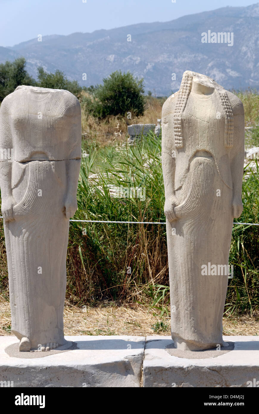 Iraion. Samos. Greece. View of two statues from the copy of the statue group by the great 6th century sculptor Genelos. Stock Photo
