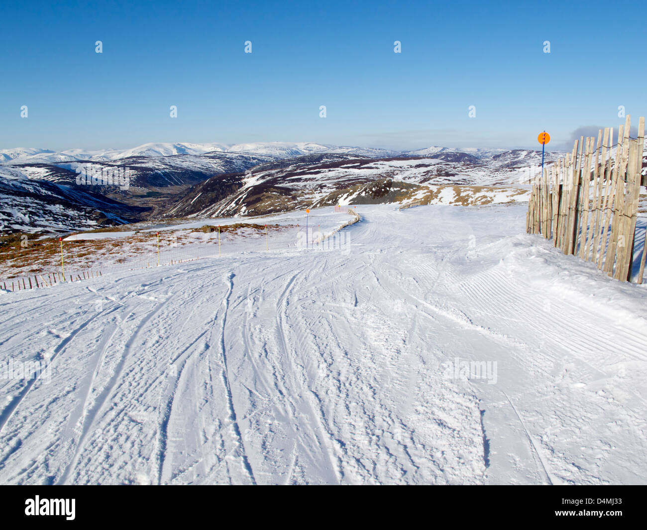 Looking down ski run at Glenshee, Aberdeenshire Stock Photo