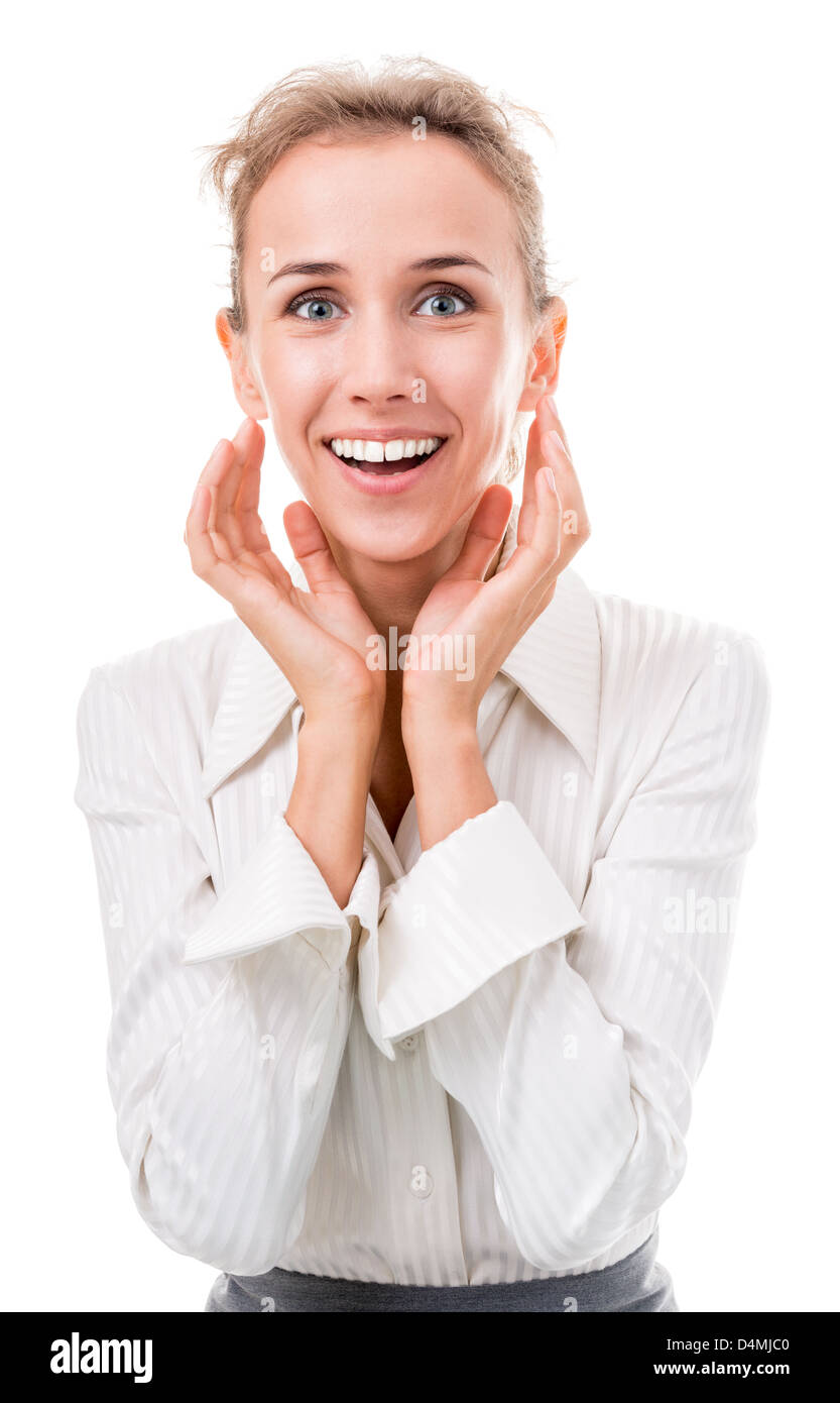 young woman in office attire. The figure is isolated on a white background with the clipping path Stock Photo