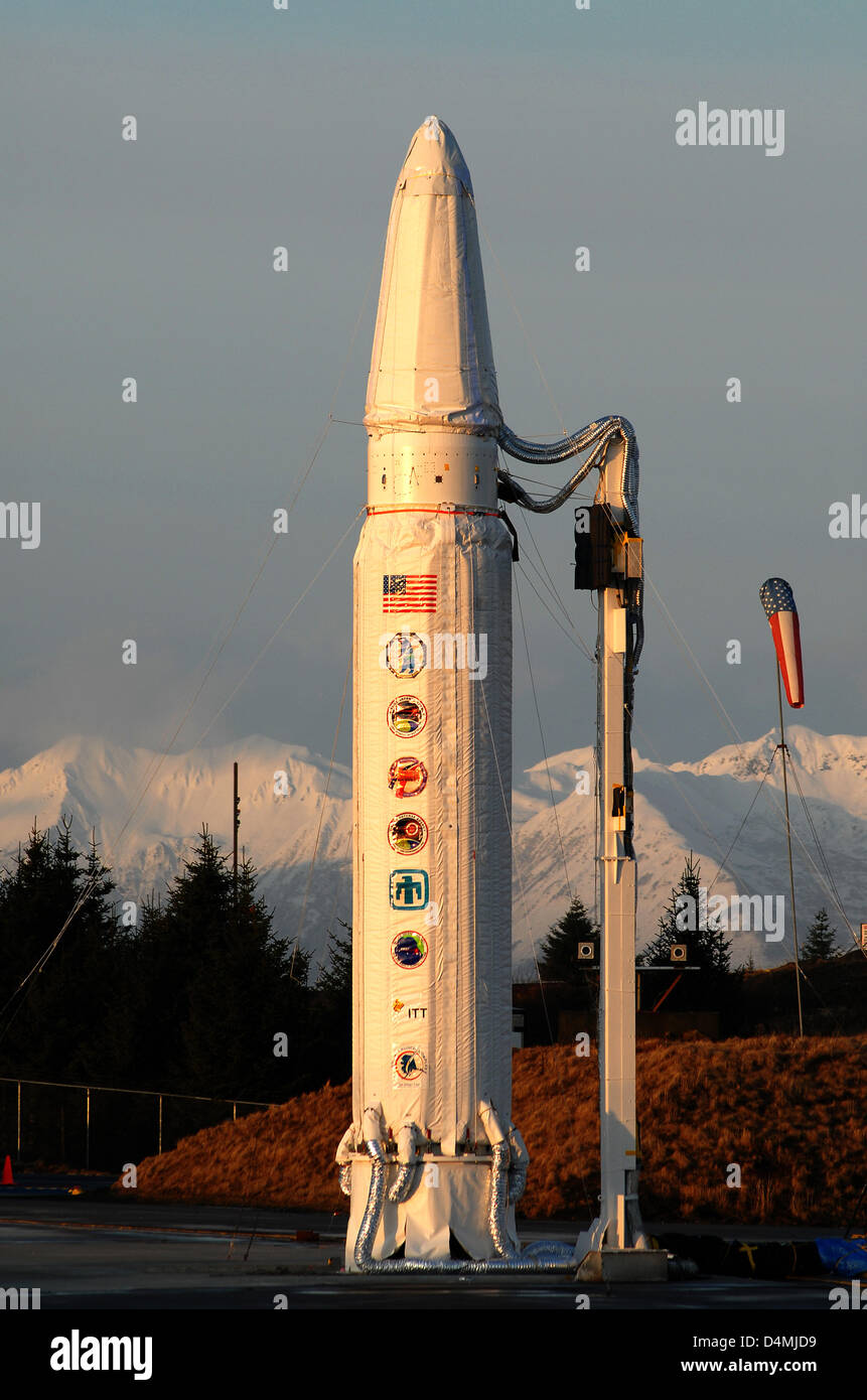 A long-range Strategic Targets System (STARS) rocket is readied for launch as a test of the Missile Defense System February 24, 2006 from the Kodiak Launch Complex on Kodiak Island, Alaska. Secretary of Defense Chuck Hagel announced March 15, 2013 increased missile defense in response to threats from North Korea. Stock Photo