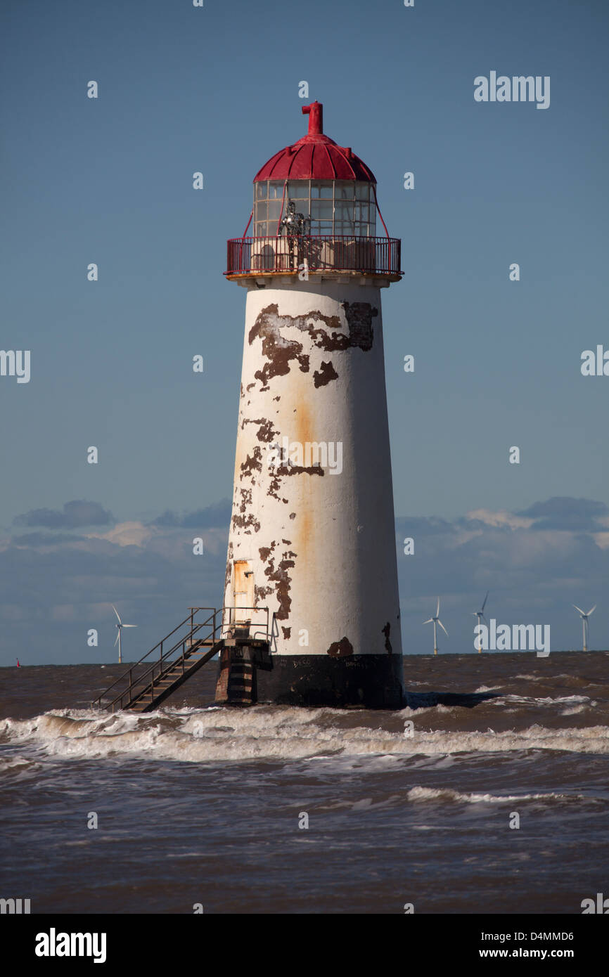 The Wales Coastal Path in North Wales. The Point of Ayr lighthouse on Talacre beach. Stock Photo