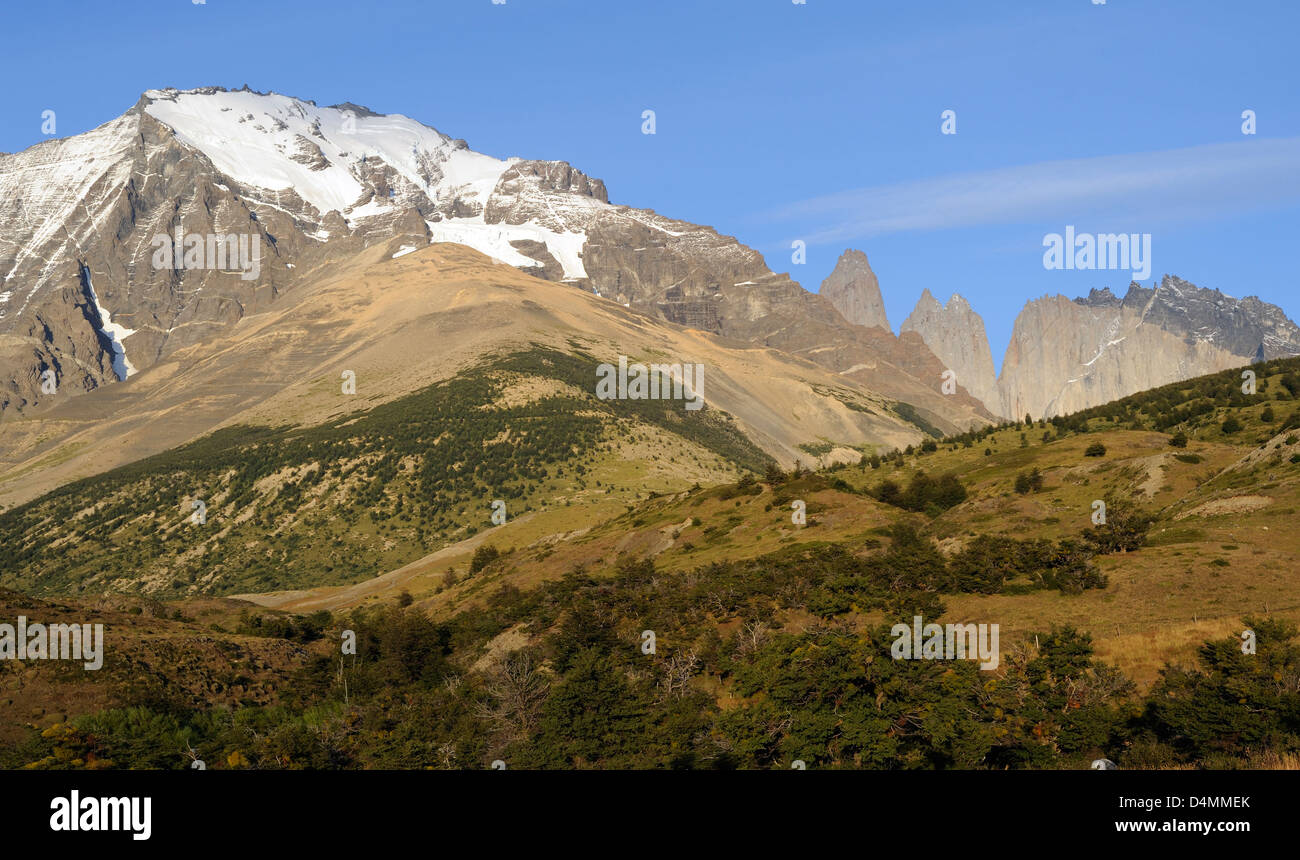 The Torres del Paine from the The Laguna Amarga entrance to the Torres el Paine National Park. Stock Photo
