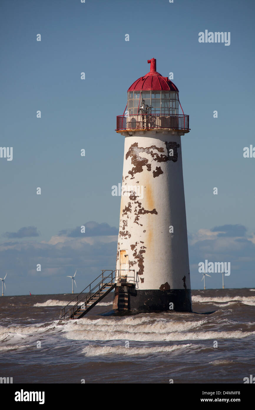 The Wales Coastal Path in North Wales. The Point of Ayr lighthouse on Talacre beach. Stock Photo
