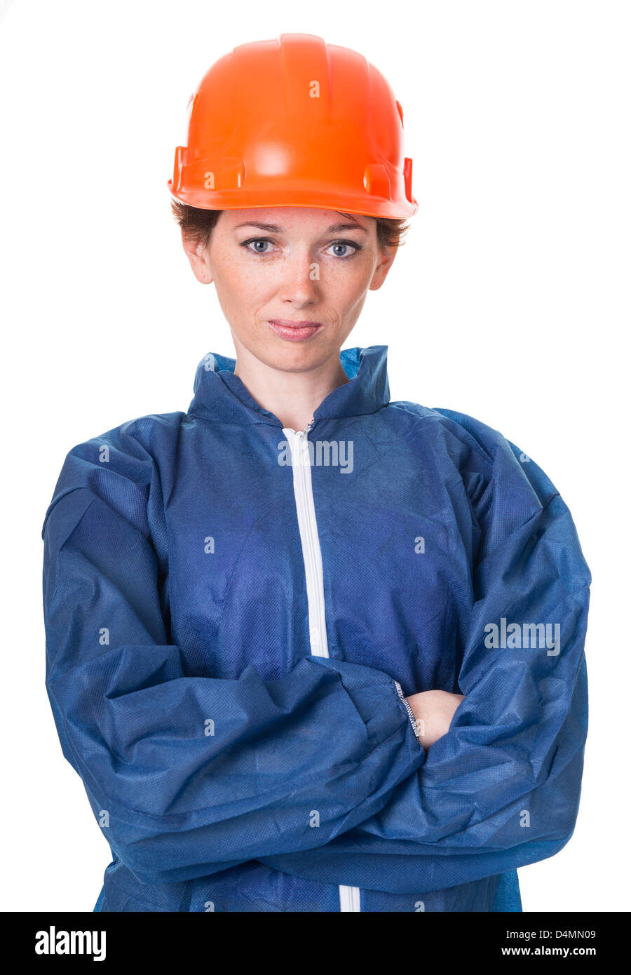 Portrait of a woman in protective clothing and helmet. Isolation on