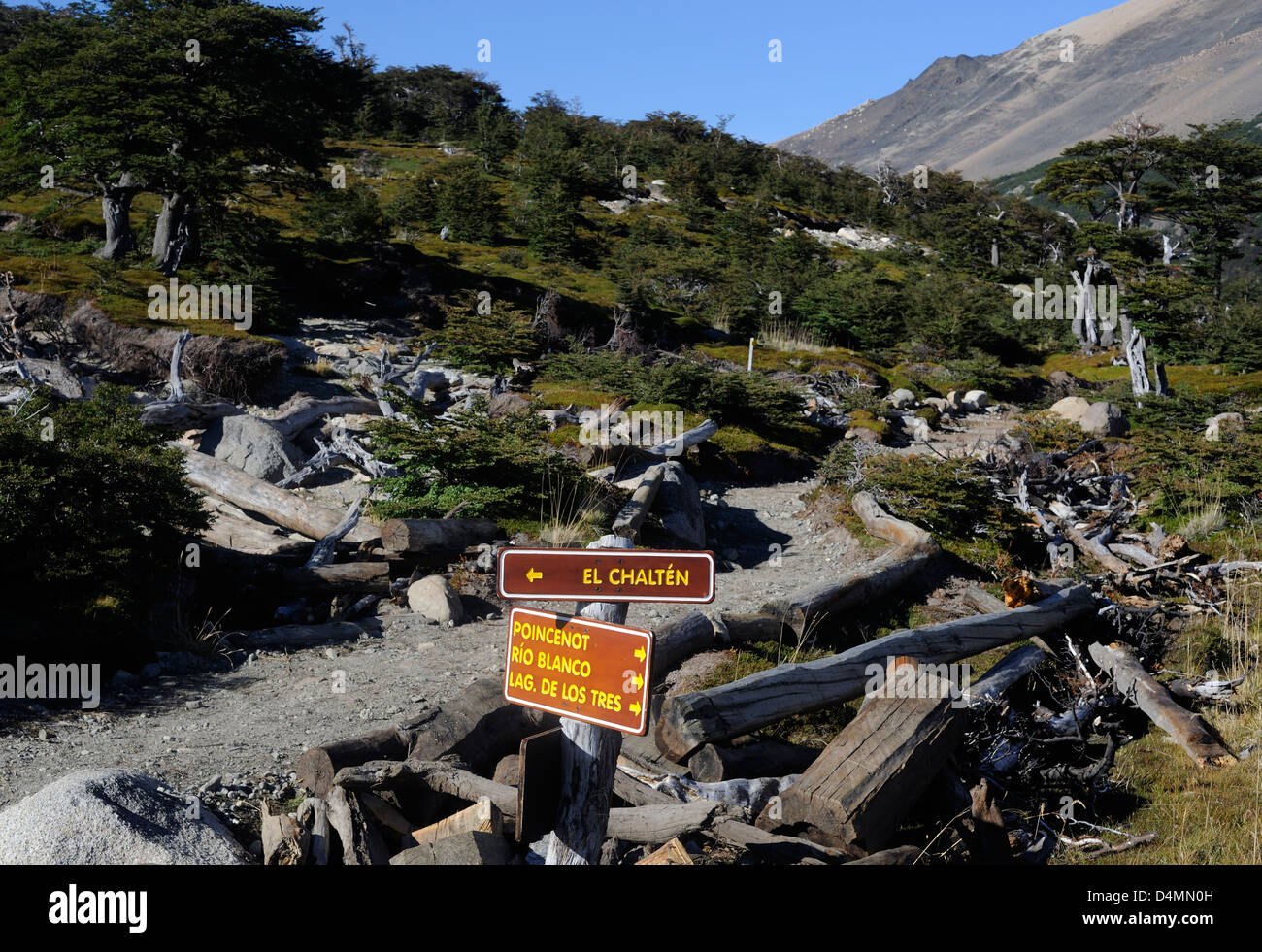Signs on a path in Los Glaciares National Park pointing to El Chalten and Poincenot, Rio Blanco, Lago de les Tres Stock Photo