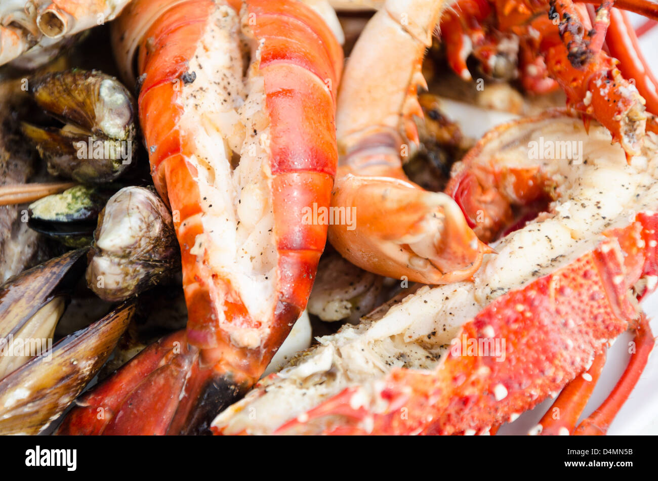 Platter with lobster, mussels, fish and prawns Stock Photo