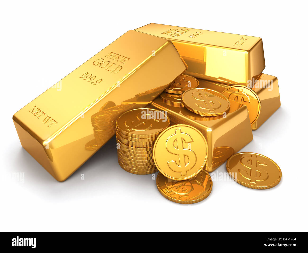 Gold ingots and coins on white isolated background. 3d Stock Photo - Alamy