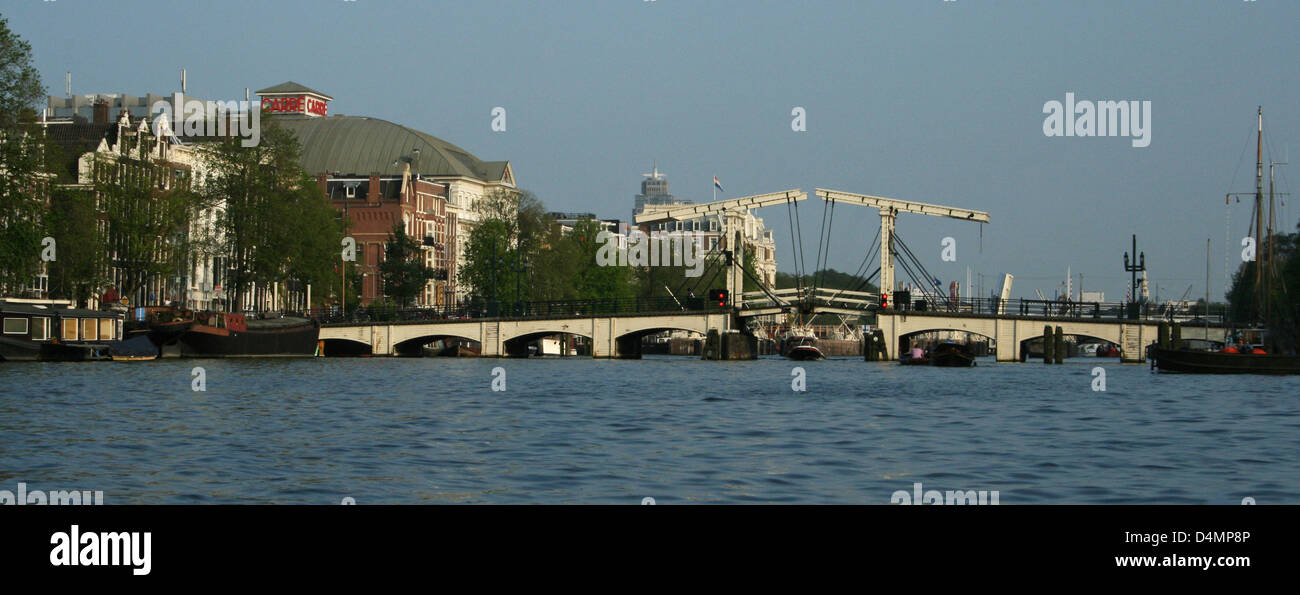 The Netherlands Holland Amsterdam River Amstel Skinny Bridge Wood Theatre Carré Stock Photo