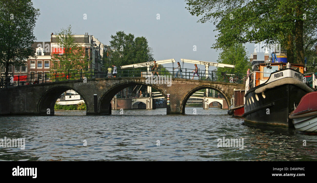 The Netherlands Holland Amsterdam Herengracht Amstel Bridges Wood Stone Canal River Stock Photo