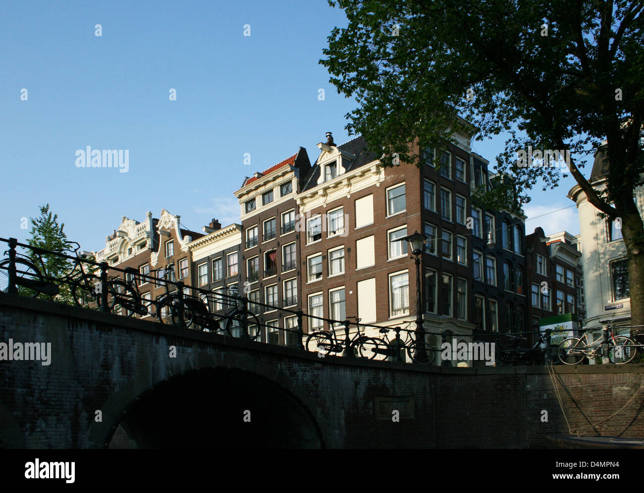 The Netherlands Holland Amsterdam Keizersgracht Canal Bridge Bike Bicycles Stock Photo