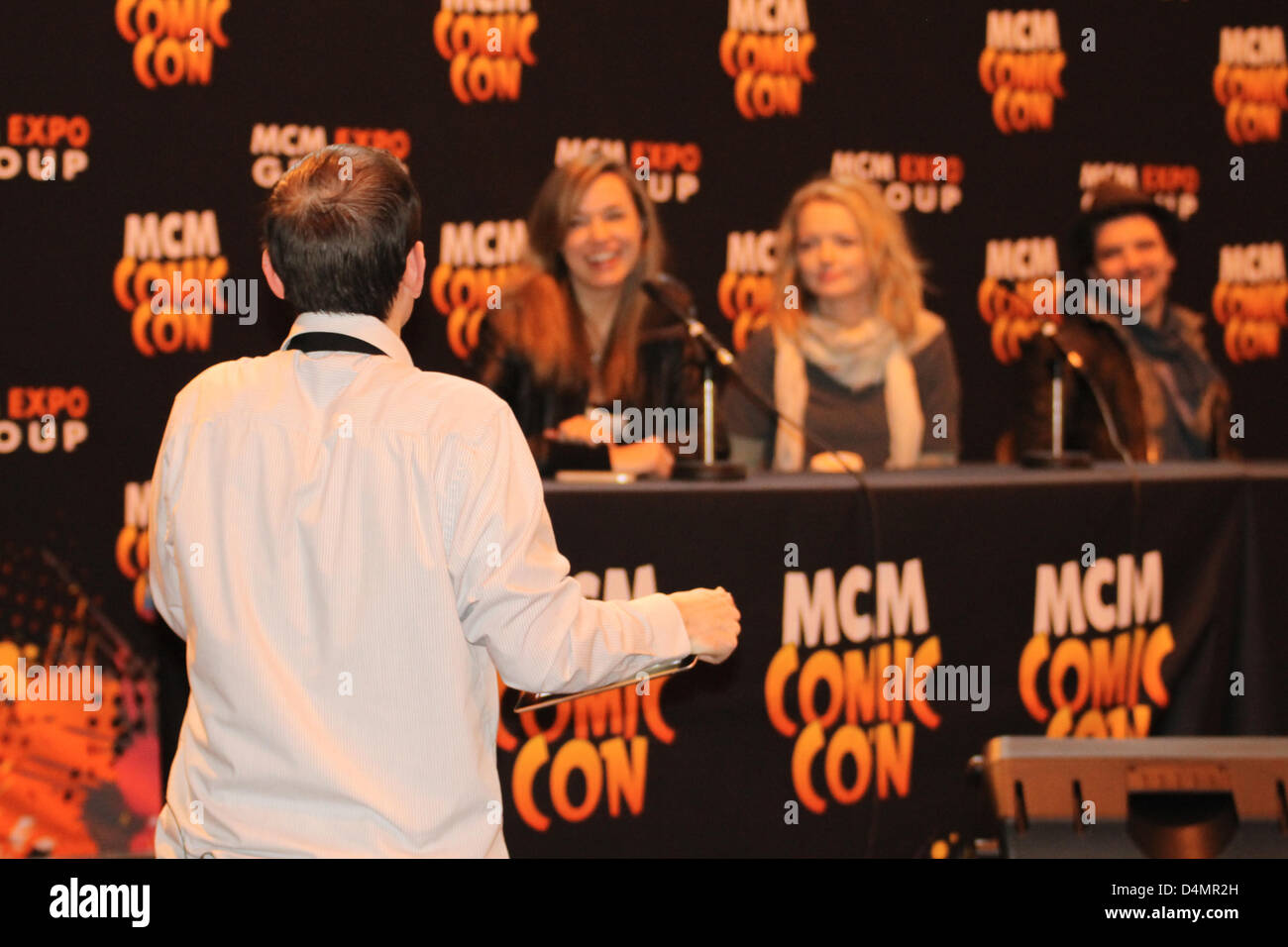 Birmingham, UK. 16th March 2013. Lucy Brown, Hannah Spearitt and Andrew Lee Potts (left to right) stars of Primeval, take questions at Birmingham MCM Expo Stock Photo