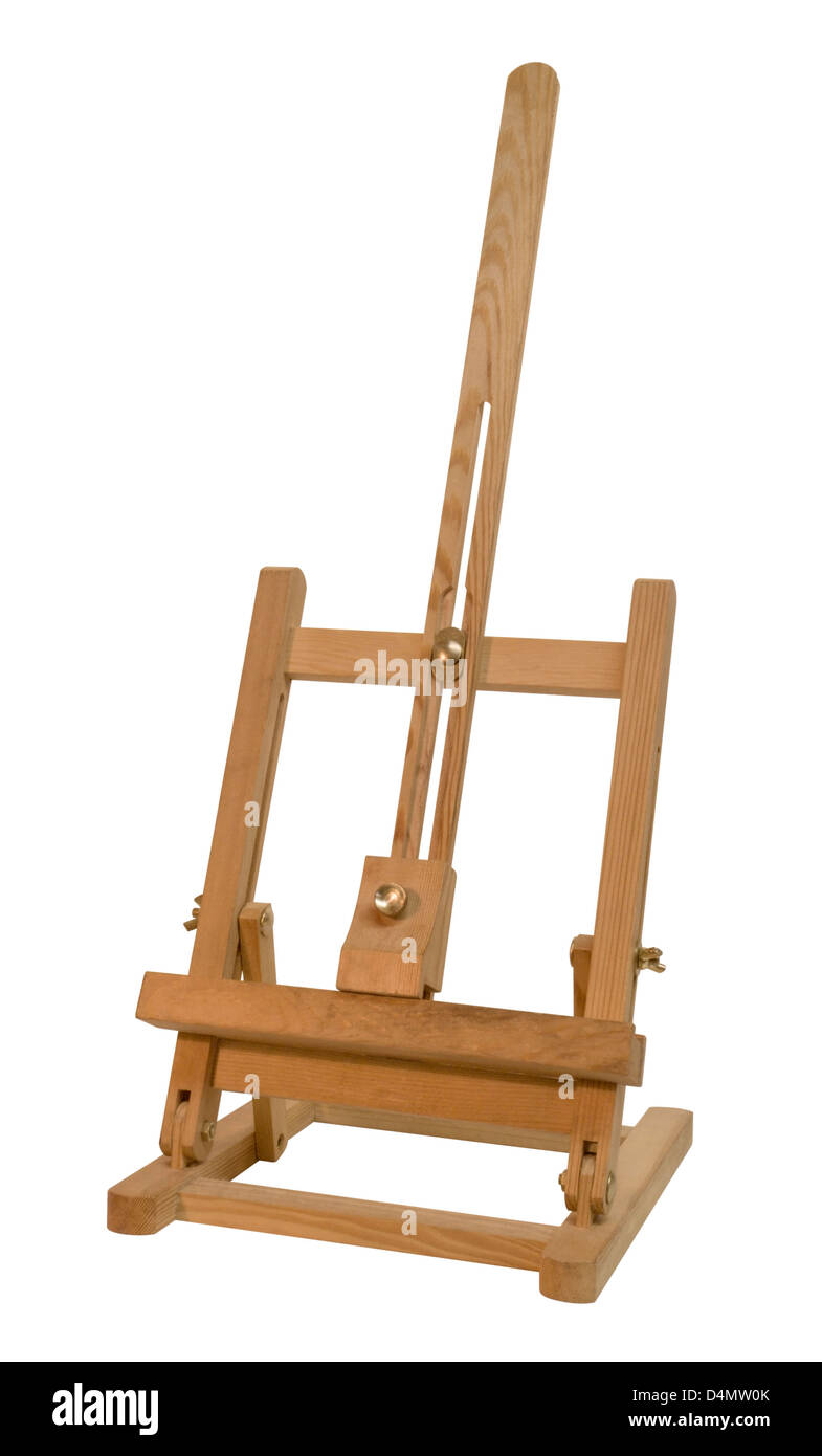 a small wooden desk easel in white back Stock Photo