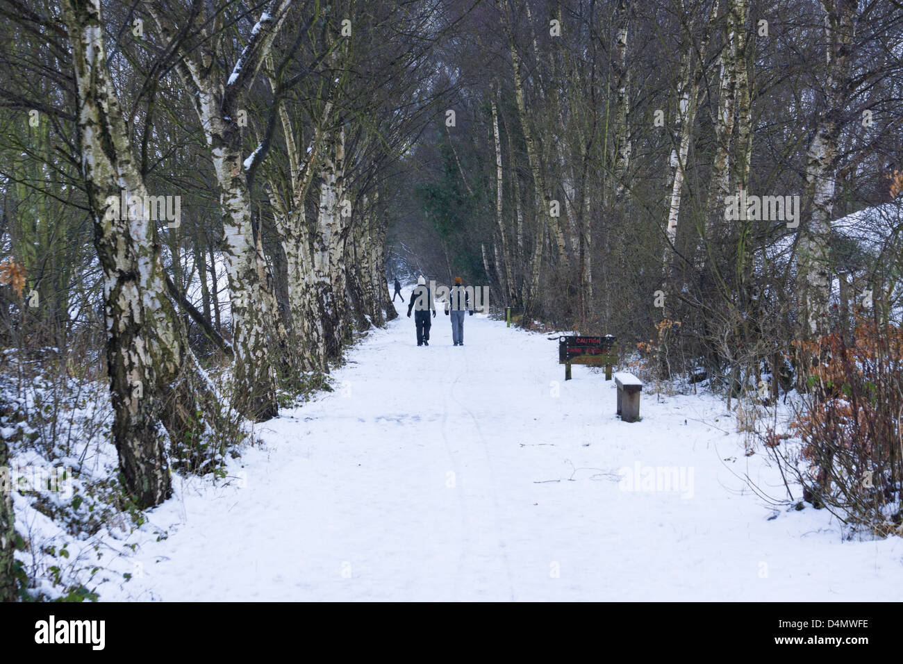 Two people walking along the wooded Derwent Walk in the winter with snow on the ground. Stock Photo