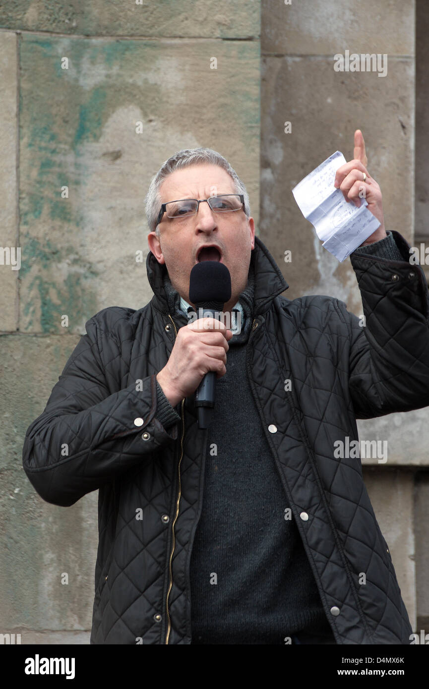 Liverpool, UK. Saturday 16th March 2013. Councillor Barry Kushner, Labour Party representative for the Ward of Norris Green speaks. As part of nationwide protests, campaigners gathered in Liverpool city centre to demonstrate against a new 'bedroom tax' that will cut benefits to people with a spare room. Credit: David Colbran/Alamy Live News Stock Photo