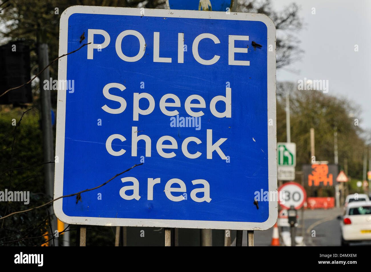 Police speed check area sign at major roadworks Stock Photo Alamy