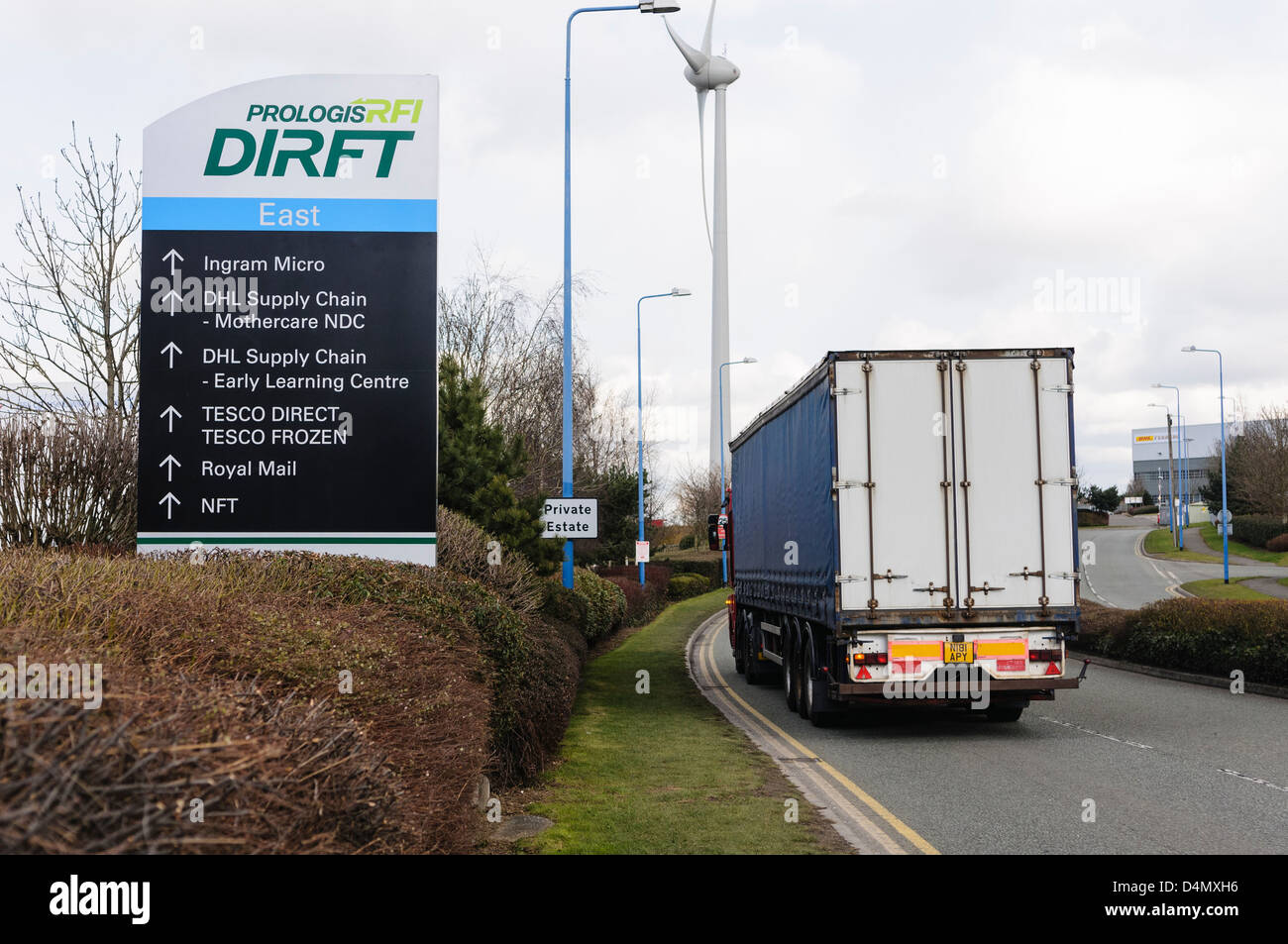 Sign at the entrance to Daventry International Rail Freight Terminal (DIRFT), a major logistix hub for many companies. Stock Photo
