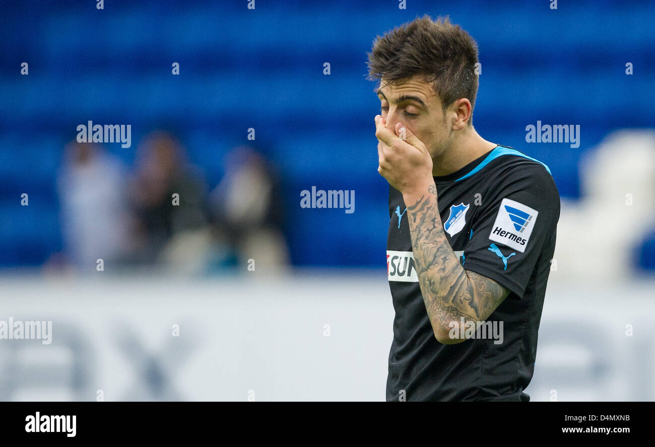 Hoffenheim's Joselu reatcs after the 0-0 in the German Bundesliga match between TSG 1899 Hoffenheim and 1. FSV Mainz 05 at Rhein-Neckar-Arena in Sinsheim, Germany, 16 March 2013. Photo: UWE ANSPACH (ATTENTION: EMBARGO CONDITIONS! The DFL permits the further utilisation of up to 15 pictures only (no sequential pictures or video-similar series of pictures allowed) via the internet and online media during the match (including halftime), taken from inside the stadium and/or prior to the start of the match. The DFL permits the unrestricted transmission of digitised recordings during the match exclu Stock Photo