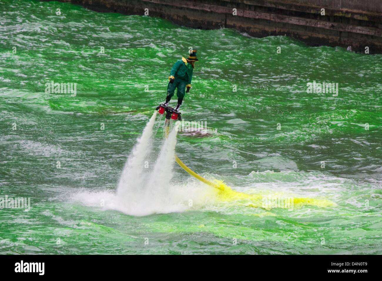 Chicago, Illinois, USA, 16th March, 2013. A "leprechaun" on a Flyboard