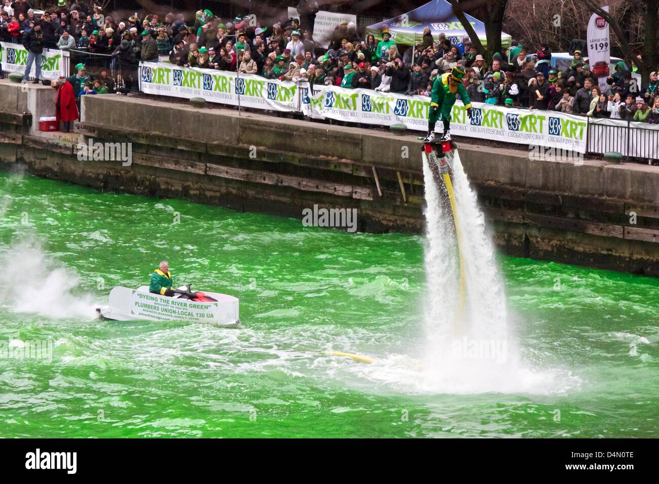 Chicago, Illinois, USA, 16th March, 2013. A "leprechaun" on a Flyboard