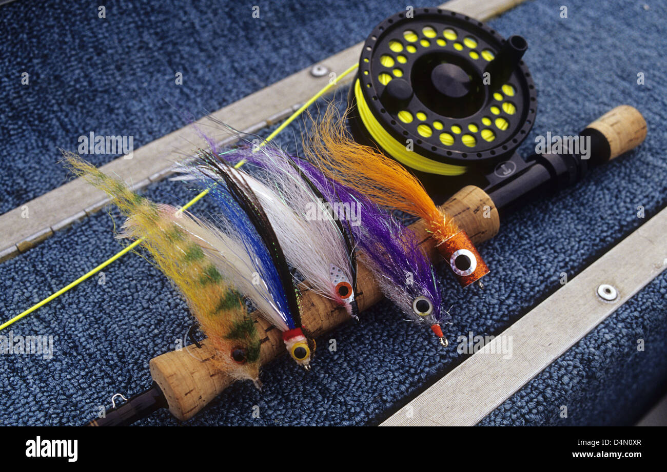 Fly rod reel and fishing flies used to catch peacock bass on the Uatuma  River as Brazil Stock Photo - Alamy