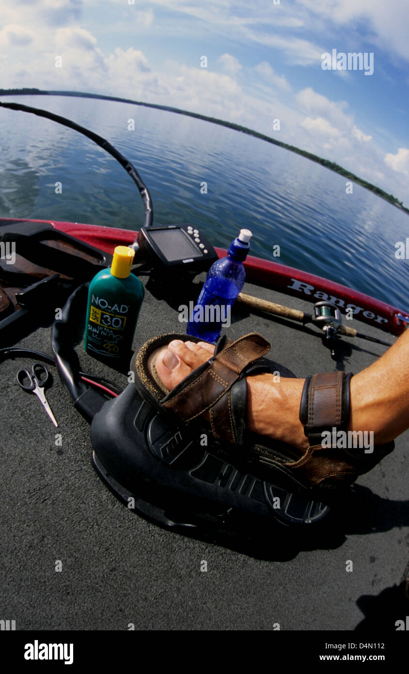 Bass fisherman using a foot pedal to run his trolling motor Stock Photo -  Alamy