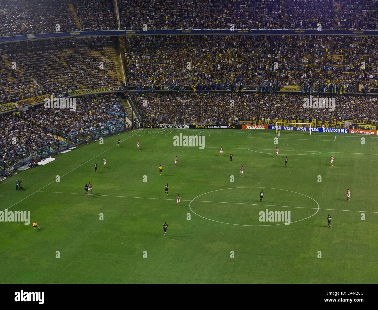 Boca Juniors play a football match at the famous La Bombonera stadium in Boca in Buenos Aires, Argentina Stock Photo