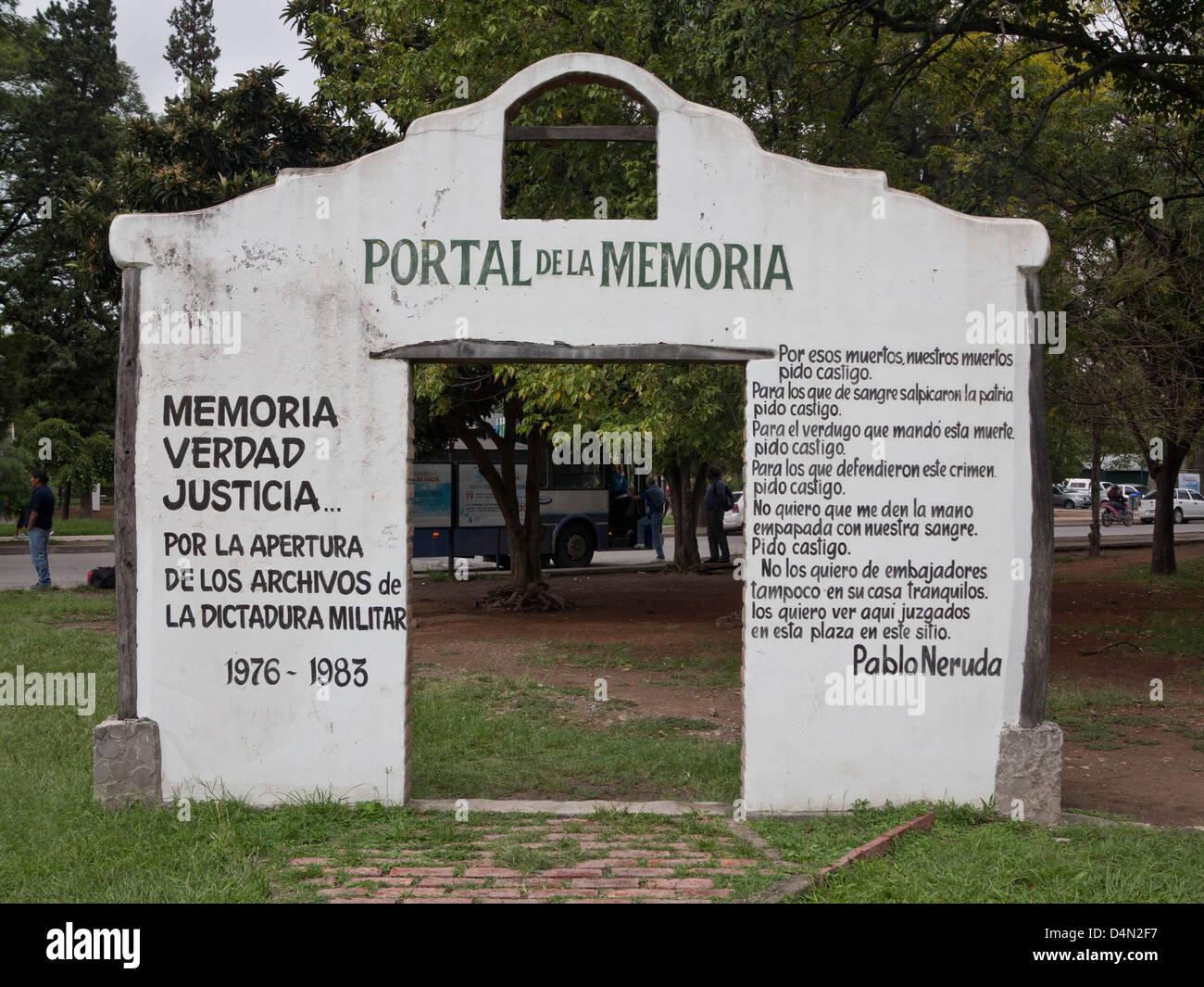 Arch in memory of disappeared during military dictatorship, with words by poet Pablo Neruda. Salta, Argentina Stock Photo