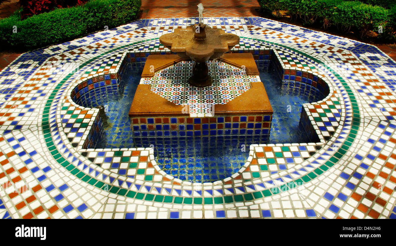 Wide view of beautiful, colorful tiled fountain in the Missouri Botanical Garden. Stock Photo