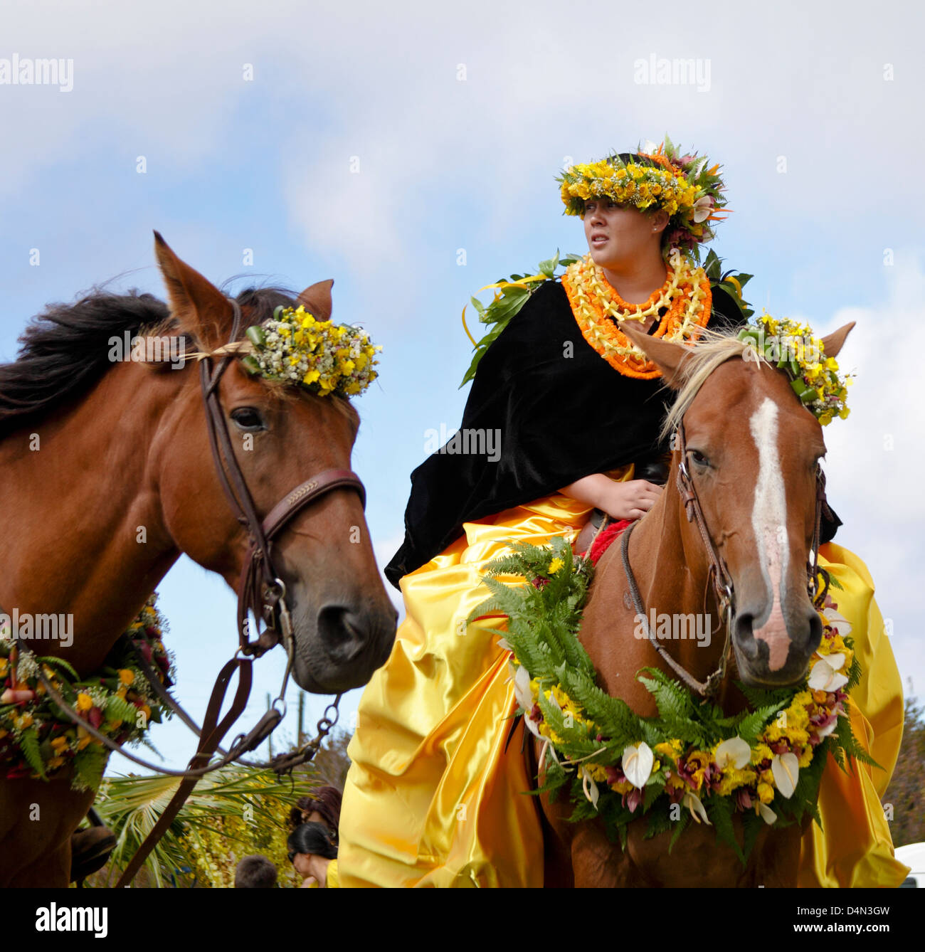 Pau rider awaits start of the Waimea Paniolo Parade on the Big Island of Hawaii Stock Photo