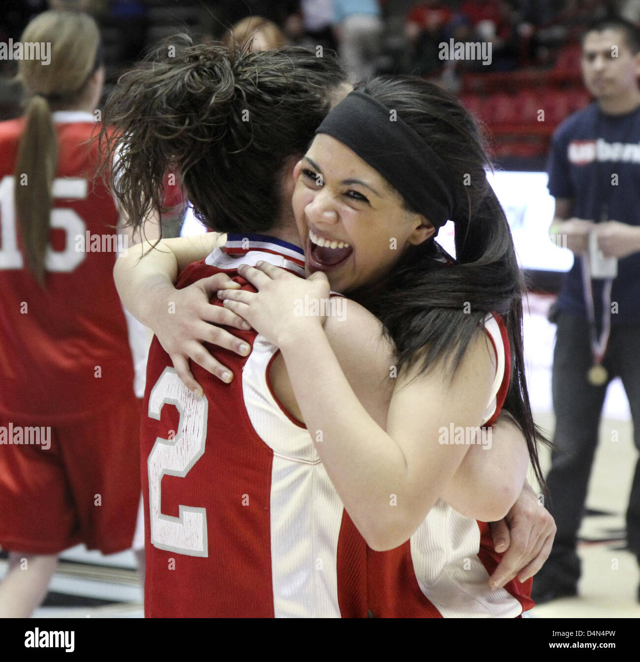 March 16, 2013 - Albuquerque, NM, U.S. - Greg Sorber -- Logan's Marissa Miller, left, and Whitney Cordova celebrate their 1A Girls State Basketball Championship in the Pit on Saturday, March 16, 2013. (Credit Image: © Greg Sorber/Albuquerque Journal/ZUMAPRESS.com) Stock Photo