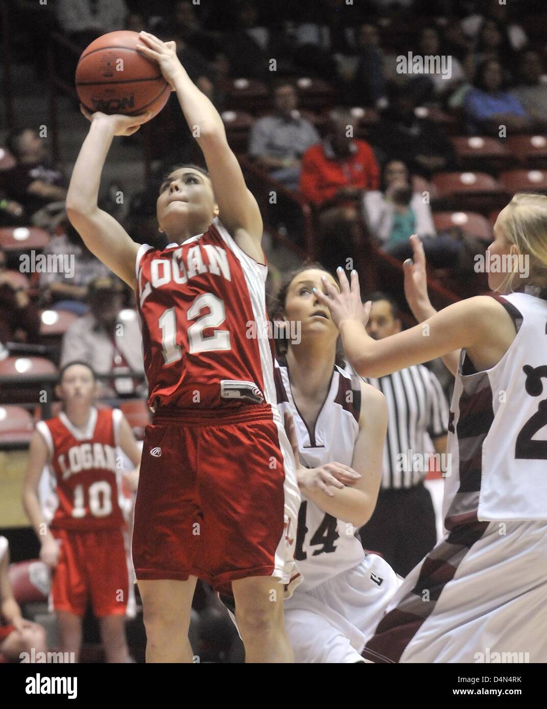 March 16, 2013 - Albuquerque, NM, U.S. - Greg Sorber -- Logan's Marissa Miller, 12, shoots during the 1A Girls State Basketball Championship against Melrose in the Pit on Saturday, March 16, 2013. (Credit Image: © Greg Sorber/Albuquerque Journal/ZUMAPRESS.com) Stock Photo