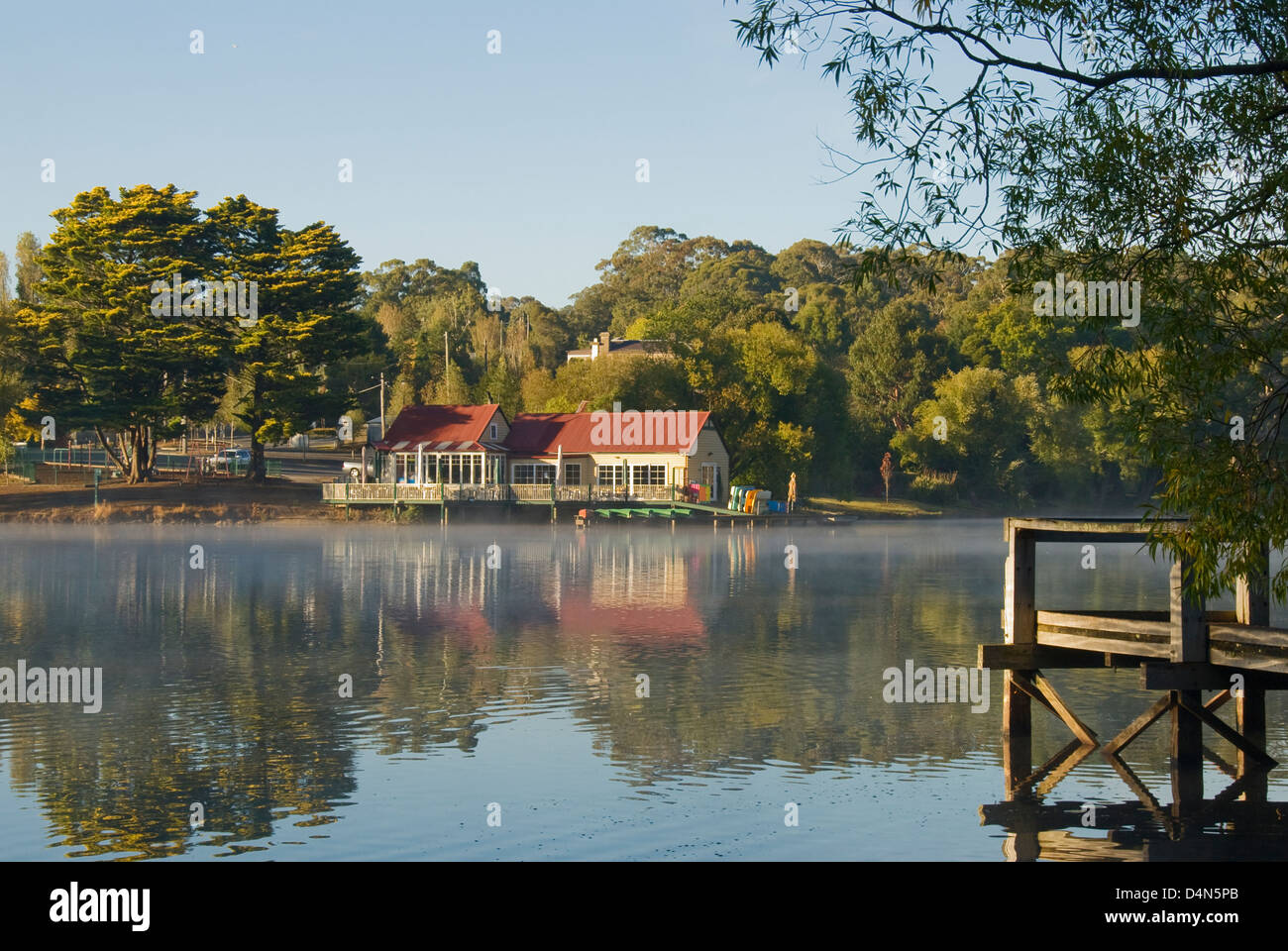 Boathouse Reflections, Lake Daylesford, Victoria, Australia Stock Photo