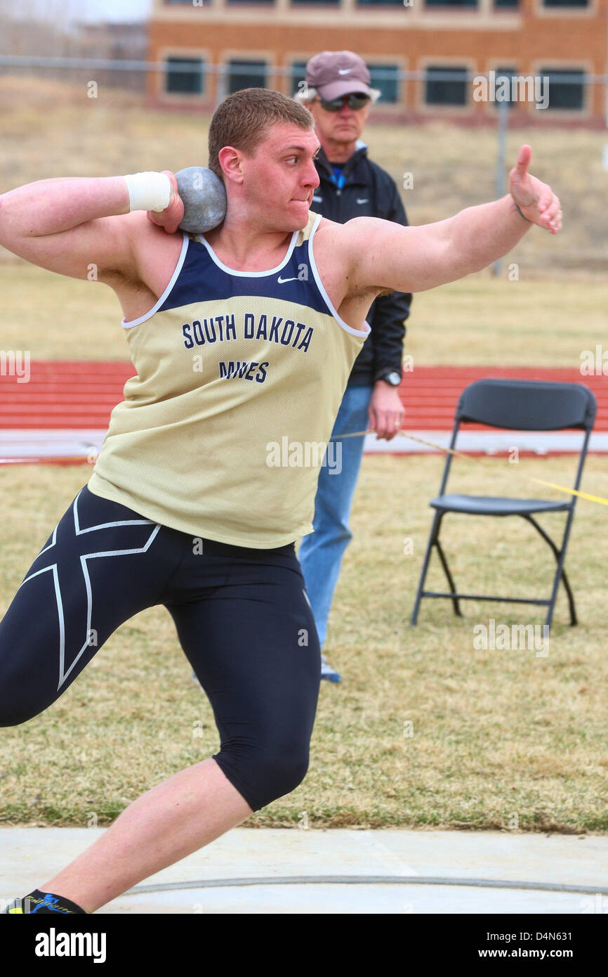 March 16, 2013 - Boulder, CO, United States of America - March 16, 2013: Brian Freed of South Dakota Mines prepares to launch a shot put at the inaugural Jerry Quiller Classic at the University of Colorado campus in Boulder. Stock Photo
