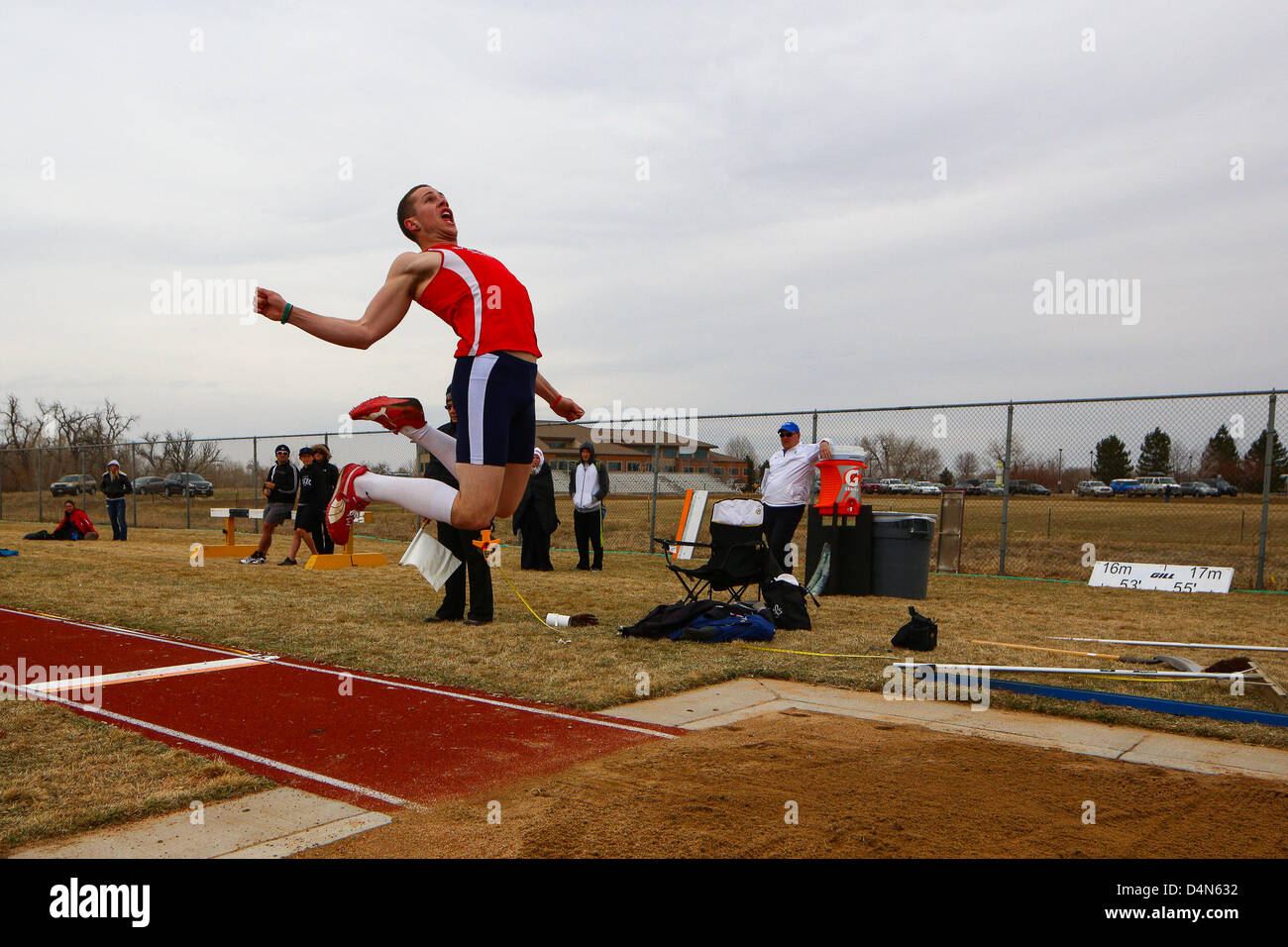 March 16, 2013 - Boulder, CO, United States of America - March 16, 2013: Michael Zeller of Metropolitan State competes in the long jump at the inaugural Jerry Quiller Classic at the University of Colorado campus in Boulder. Stock Photo