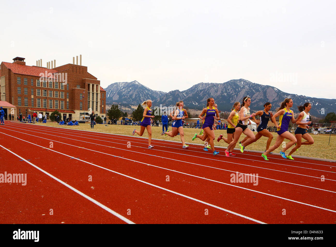 March 16, 2013 - Boulder, CO, United States of America - March 16, 2013: The first heat of the women's 1500 meters starts at Potts Field at the inaugural Jerry Quiller Classic at the University of Colorado campus in Boulder. Stock Photo
