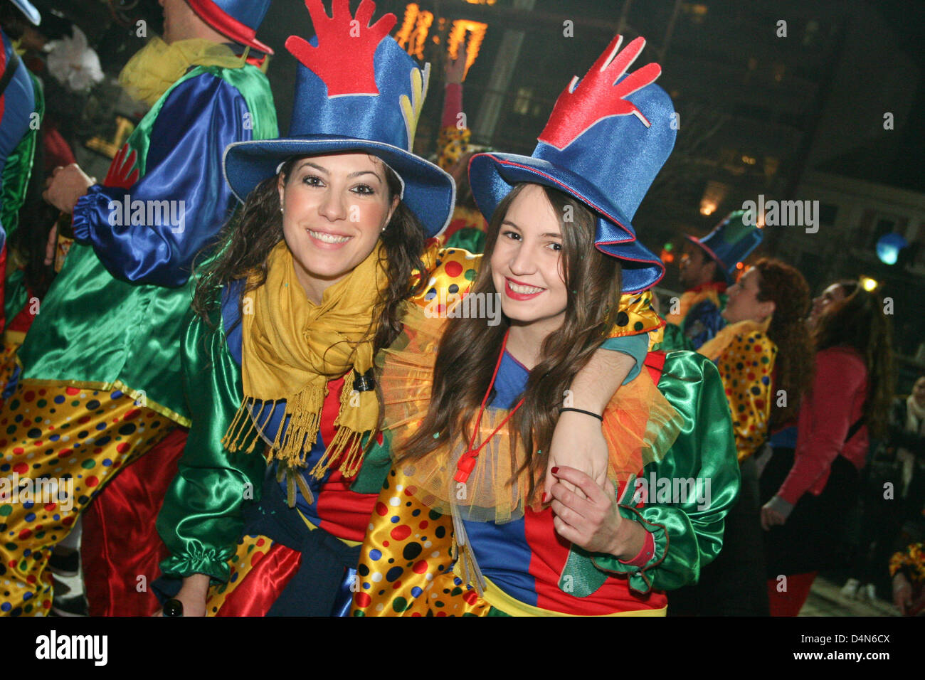Revellers dance in colorful costumes at Patras Carnival afternoon parade in  Patras Greece, 16 March 2013. The Patras Carnival is the largest event of  its kind in Greece and one of the