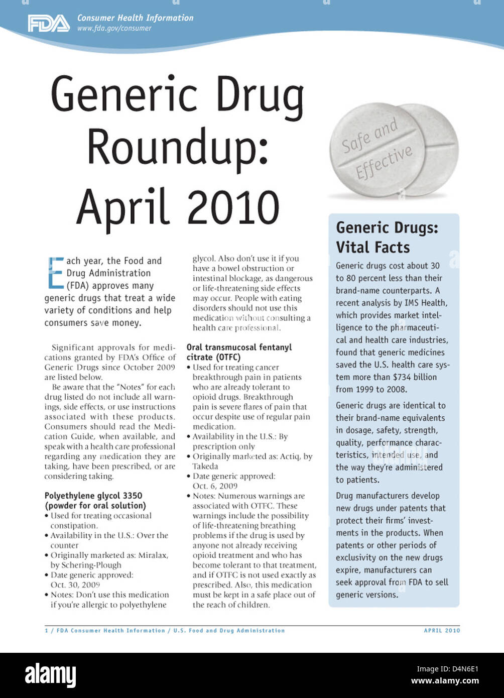 Generic Drug Roundup: April 2010 Stock Photo