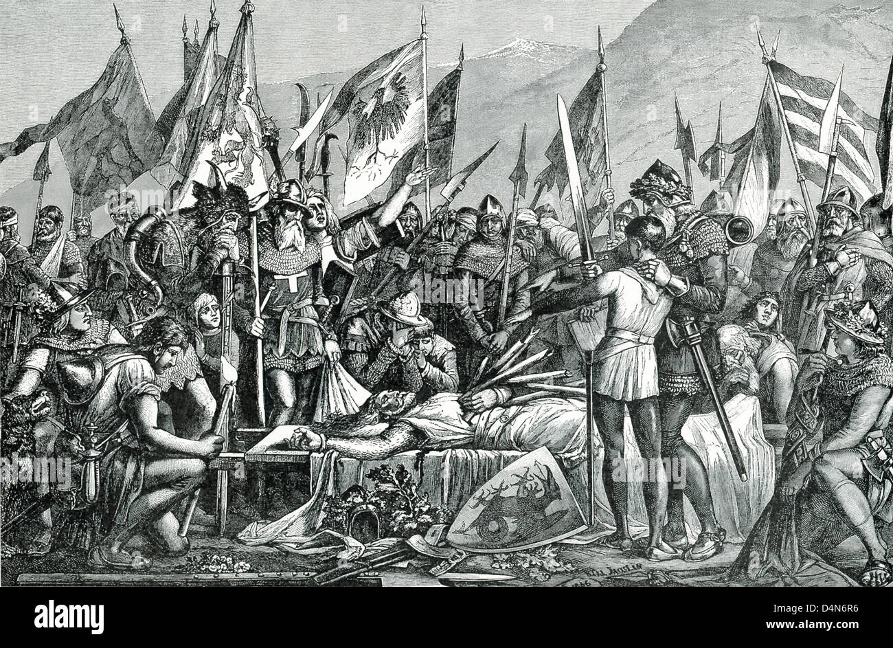 At Battle of Sempach, Swiss knight Arnold Winkelried made a way for his comrades by taking spears into his own body. Stock Photo